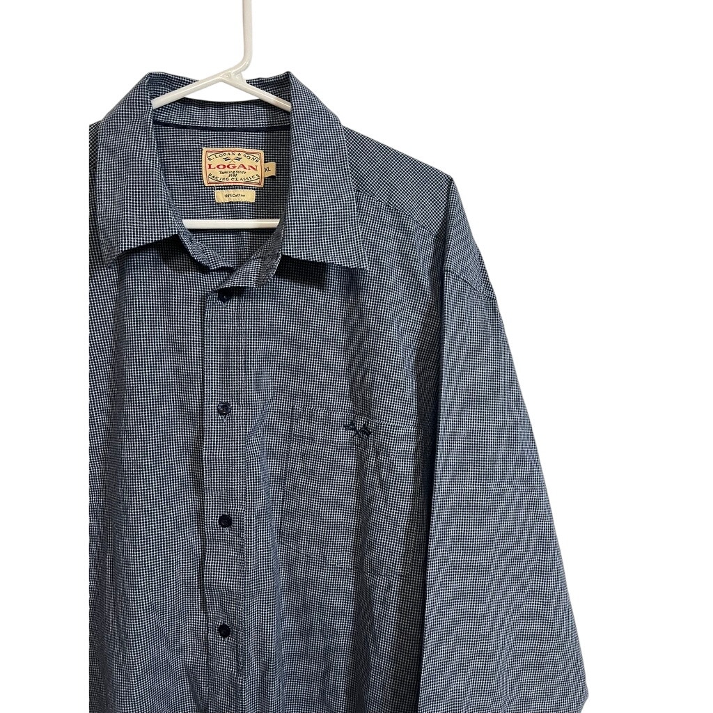 Logan & Sons Micro Check Button Down Shirt Blue Cotton Xl Casual